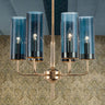 Post Modern Cylinder Blue Glass Round Gold Chandelie Image - 1