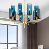 Post Modern Cylinder Blue Glass Round Gold Chandelie Image - 14