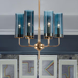 Post Modern Cylinder Blue Glass Round Gold Chandelie Image - 6