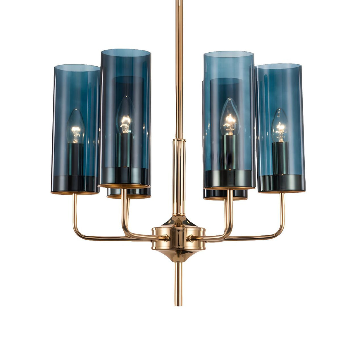 Post Modern Cylinder Blue Glass Round Gold Chandelie Image - 8