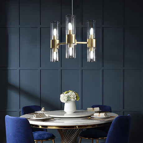 Post Modern Dining Room Cylinder Glass and Brass Chandelier Image - 1