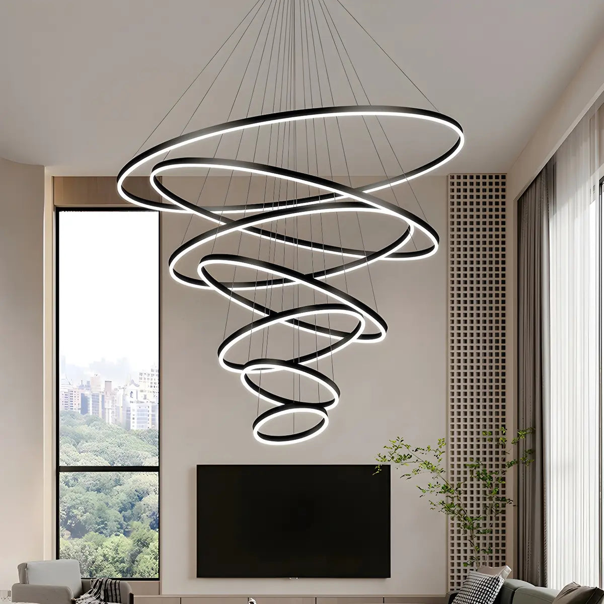 Postmodern Circle Acrylic Living Room Black Tall Chandelier Image - 6