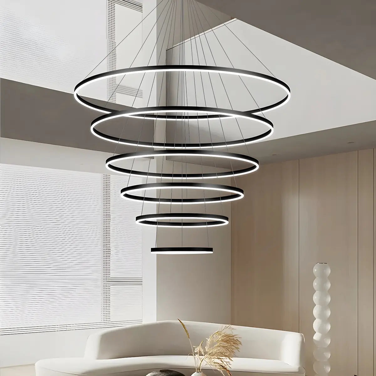 Postmodern Circle Acrylic Living Room Black Tall Chandelier Image - 8