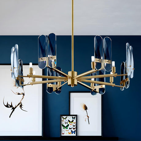 Postmodern Gold Crystal Blue Glass Round Chandelier Image - 1