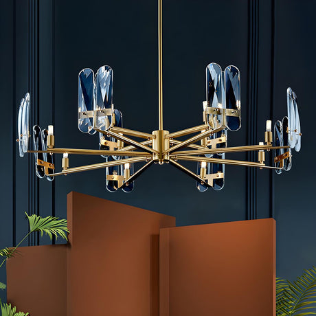 Postmodern Gold Crystal Blue Glass Round Chandelier Image - 2