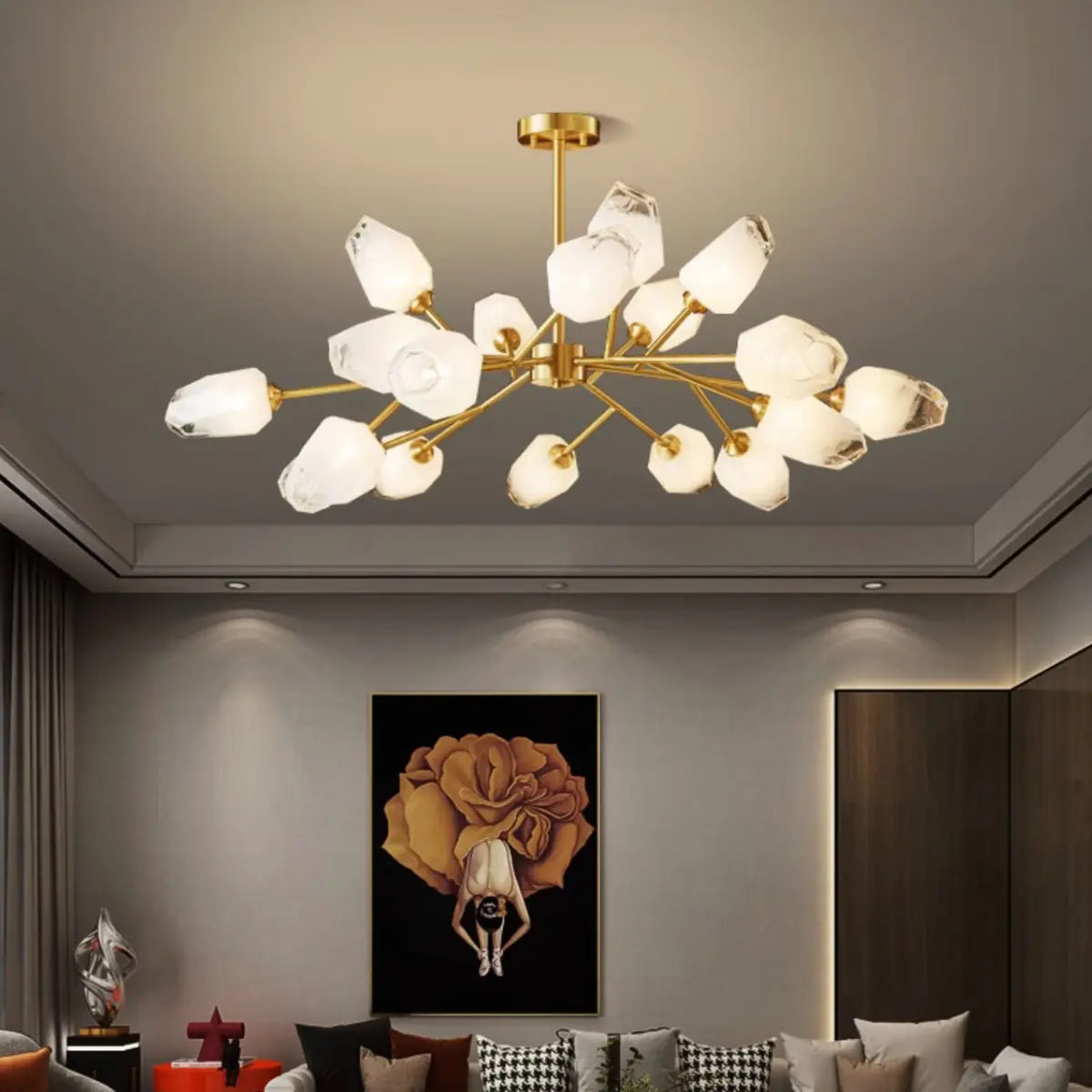 Postmodern Sputnik Metal White Glass Gold Chandelier Image - 8