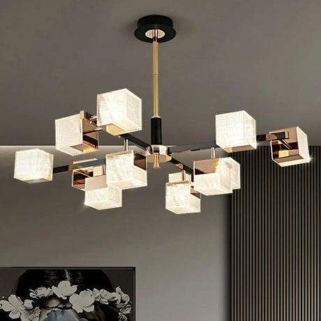 Postmodern Square Shade Metal Living Room Black Chandelier Image - 2