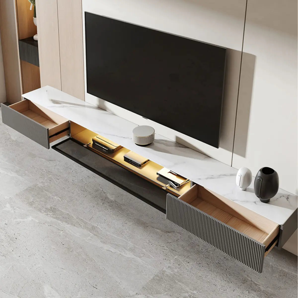 Premium Grey Wall-Mount Stone TV Stand with Lighting Image - 12