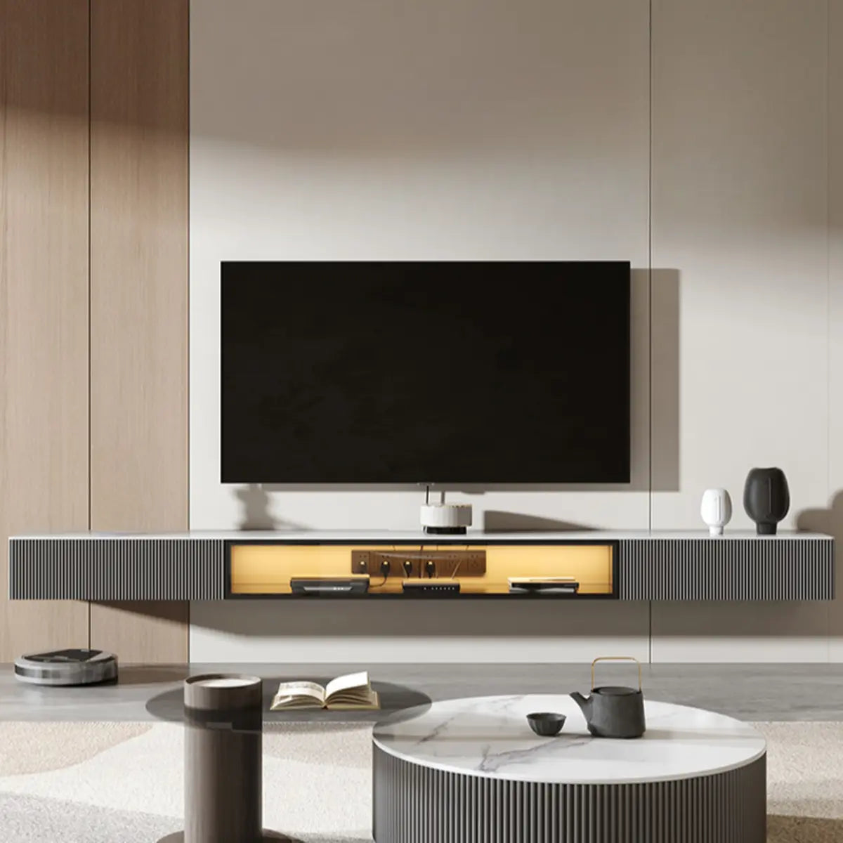 Premium Grey Wall-Mount Stone TV Stand with Lighting Image - 14