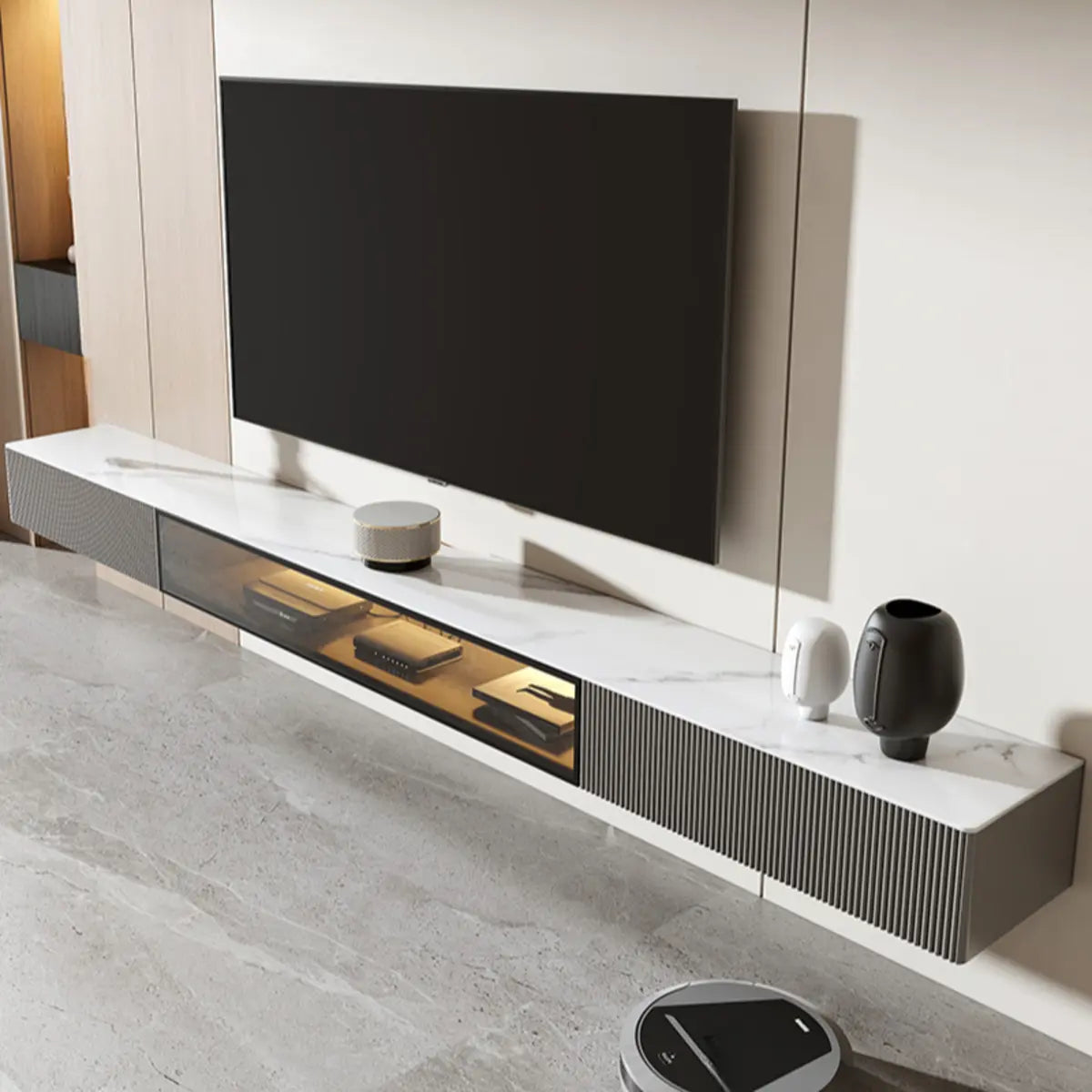 Premium Grey Wall-Mount Stone TV Stand with Lighting Image - 16