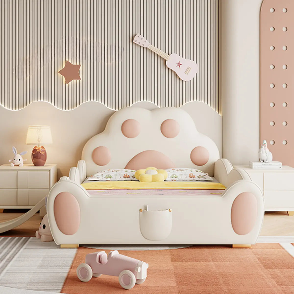 Princess-Themed Paw Upholstered Wood Kids Bed for Girl Image - 4