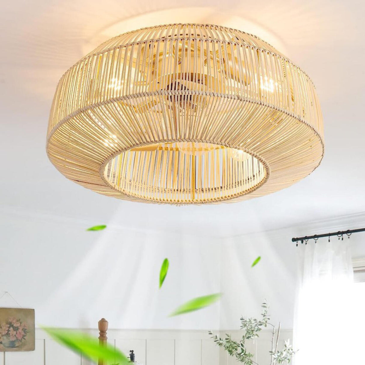 Rattan Clear Blades Flush Round Ceiling Fan with Light Image - 1