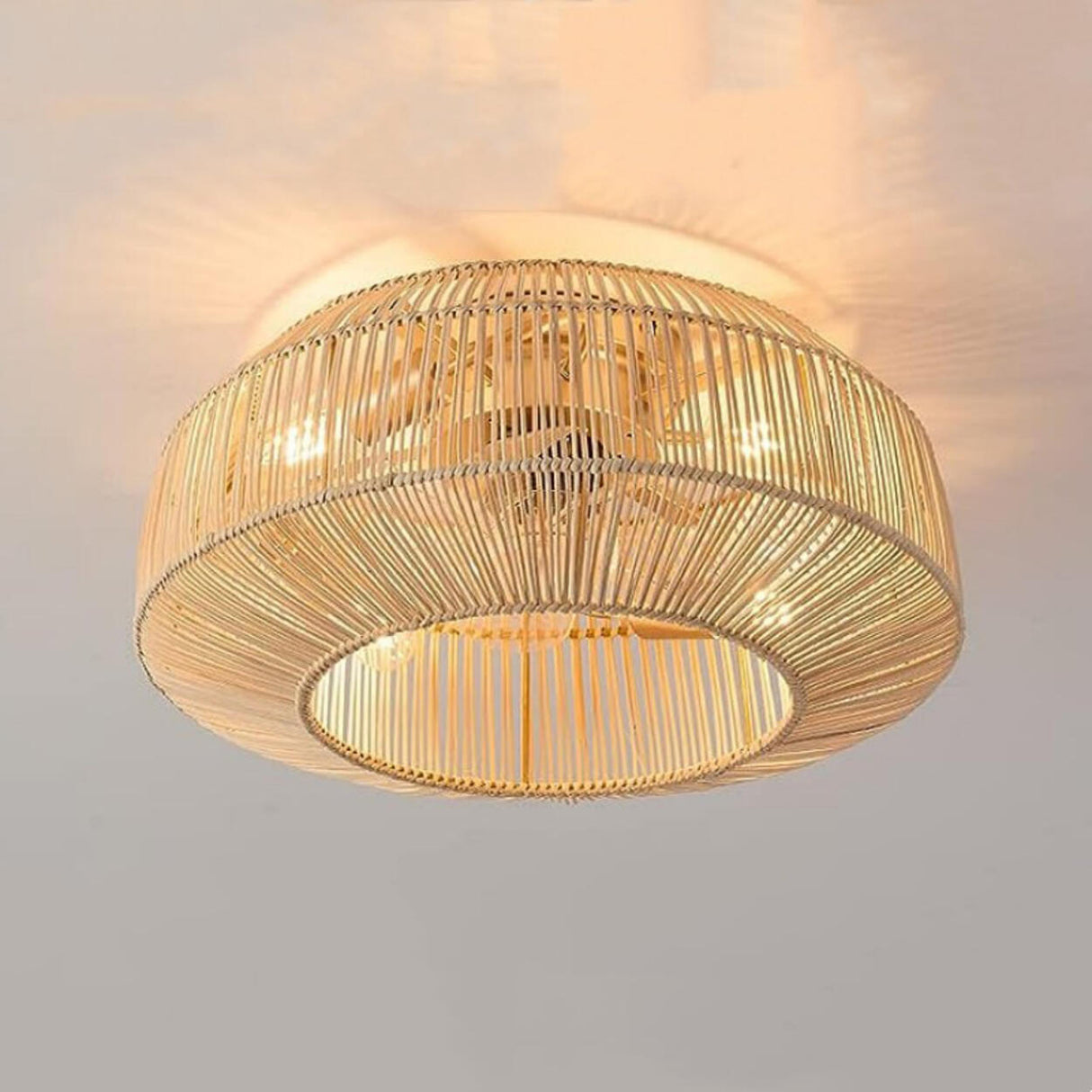 Rattan Clear Blades Flush Round Ceiling Fan with Light Image - 4