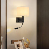 Reading Light Black Fabric Cylinder Bedside Wall Lamp Image - 18