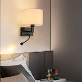 Reading Light Black Fabric Cylinder Bedside Wall Lamp Image - 6