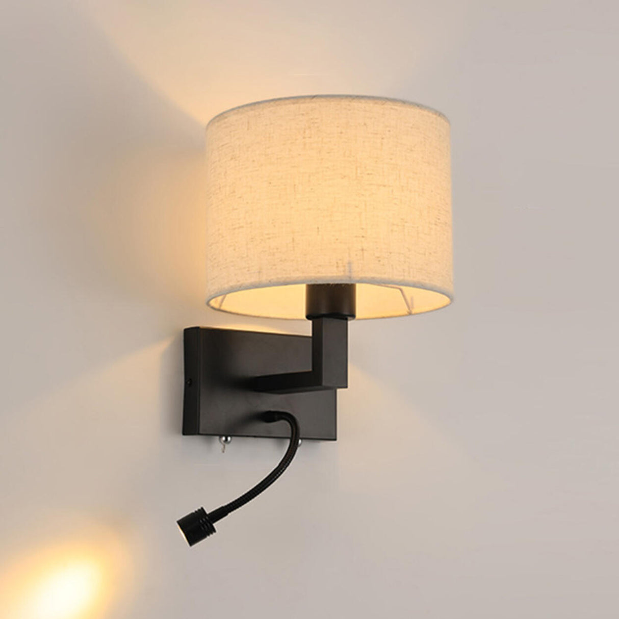 Reading Light Black Fabric Cylinder Bedside Wall Lamp Image - 7