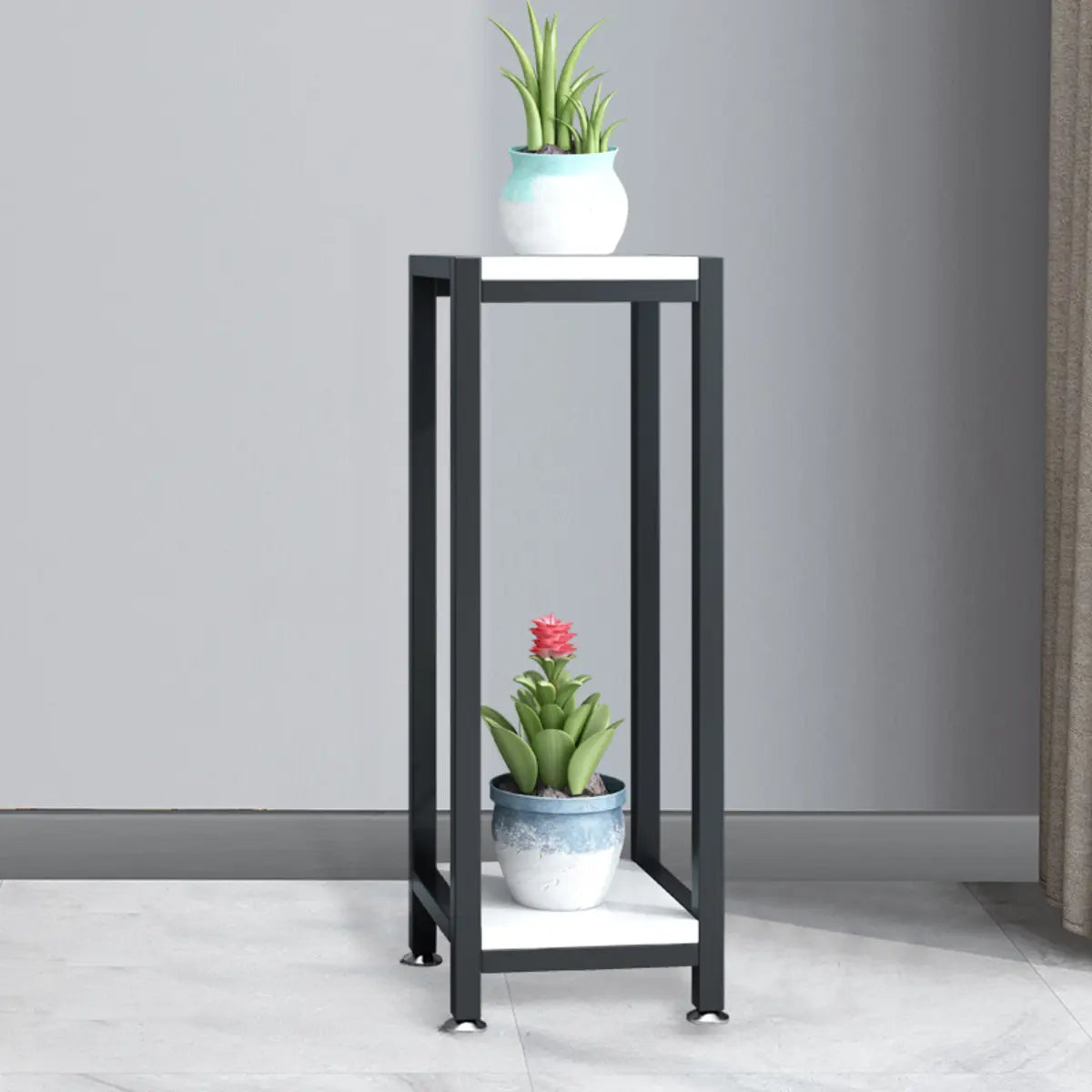 Rectangle 2 Tiers Metal Floor White Small Plant Stand Image - 4