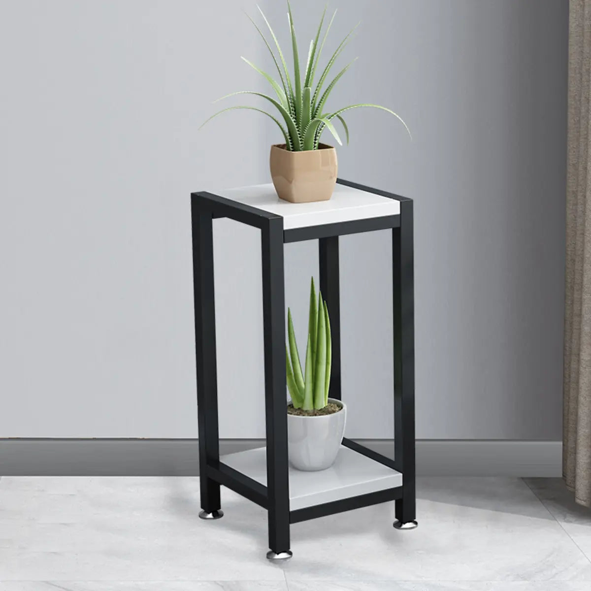 Rectangle 2 Tiers Metal Floor White Small Plant Stand Image - 5