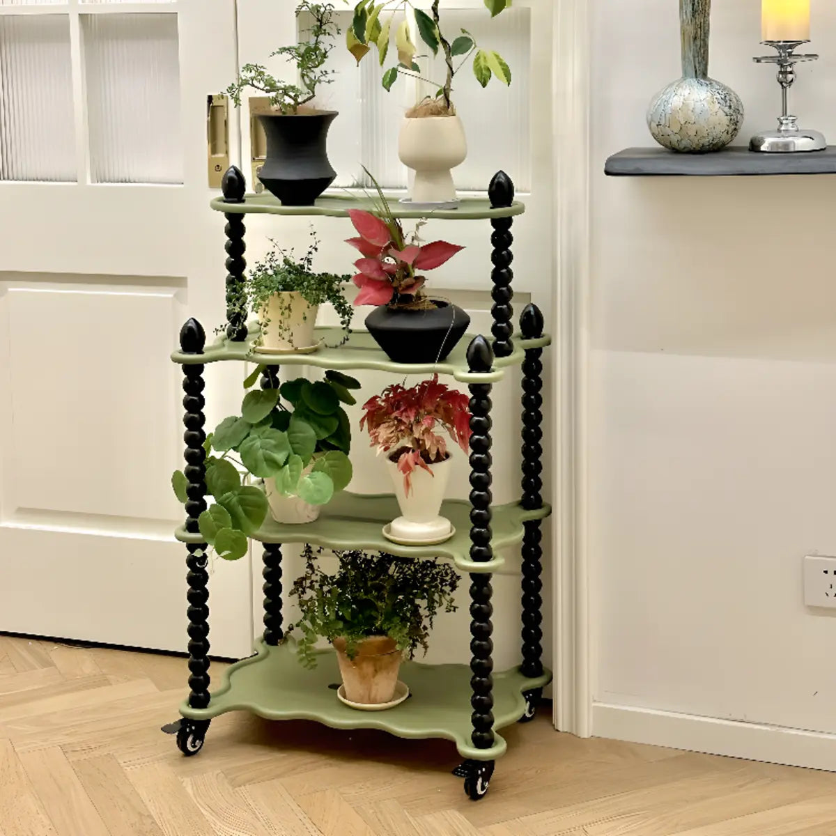 Rectangle Beaded Decor Multi-Tiered Rolling Plant Stand Image - 1