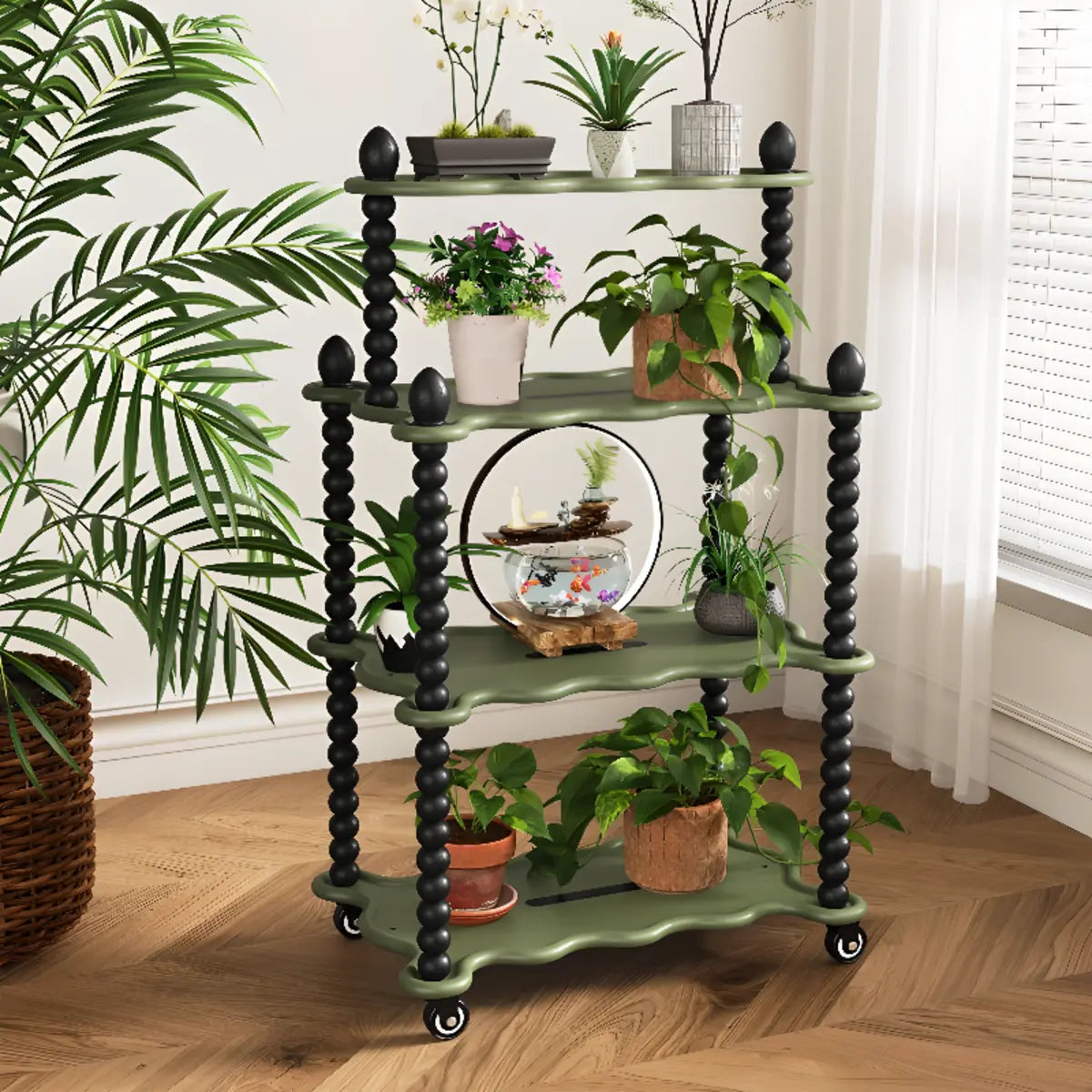 Rectangle Beaded Decor Multi-Tiered Rolling Plant Stand Image - 5