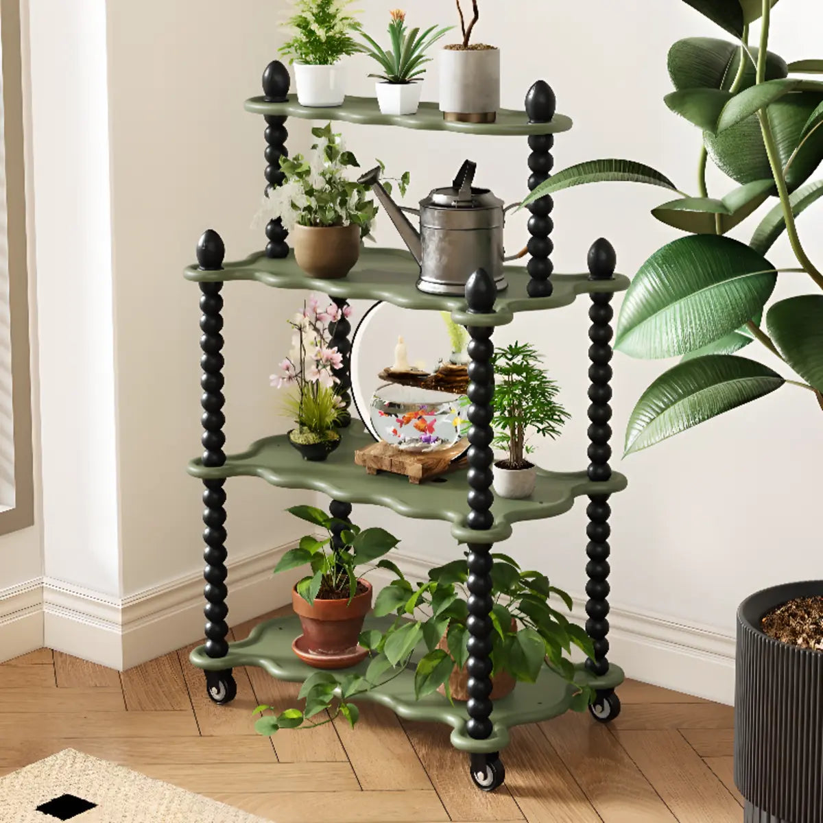 Rectangle Beaded Decor Multi-Tiered Rolling Plant Stand Image - 7