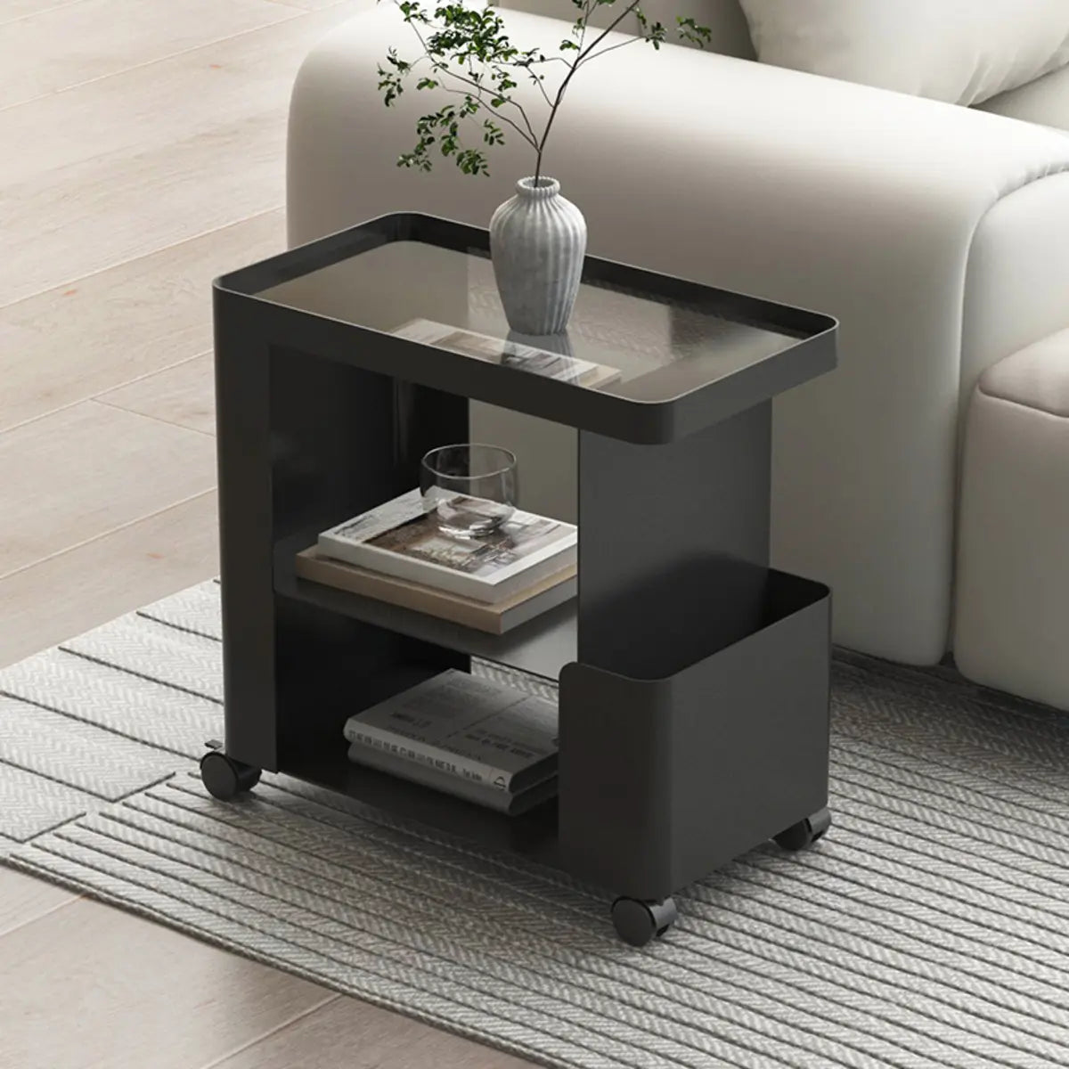 Rectangle Black Iron 3 Tiers Casters Side Table with Shelf Image - 12