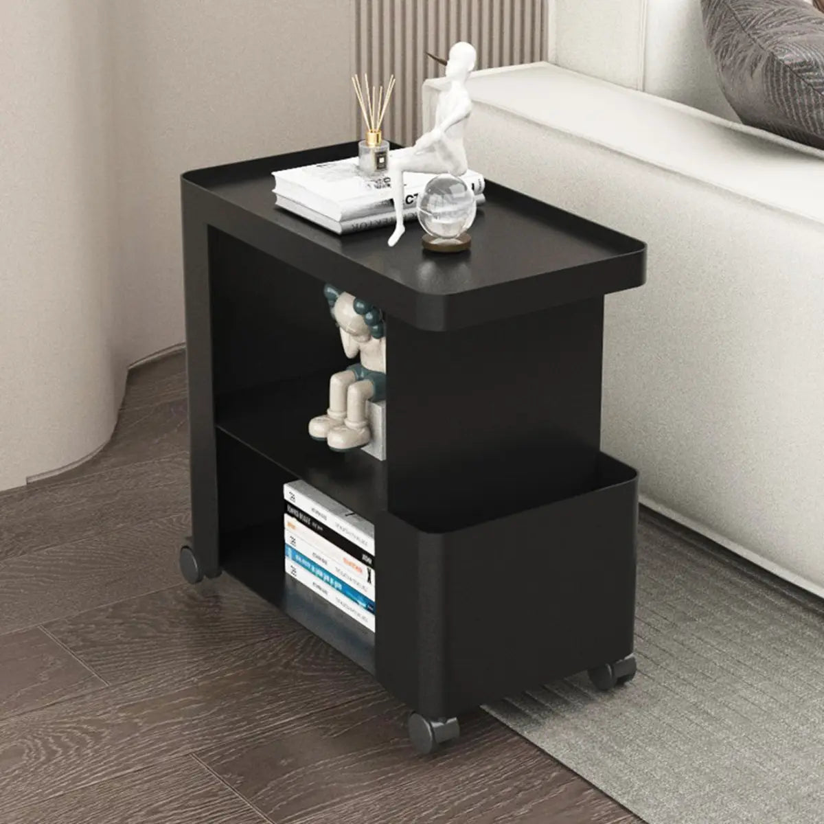 Rectangle Black Iron 3 Tiers Casters Side Table with Shelf Image - 3