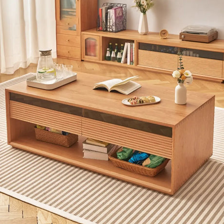 Rectangle Light Cherry Wood Drawers Block Coffee Table Image - 1