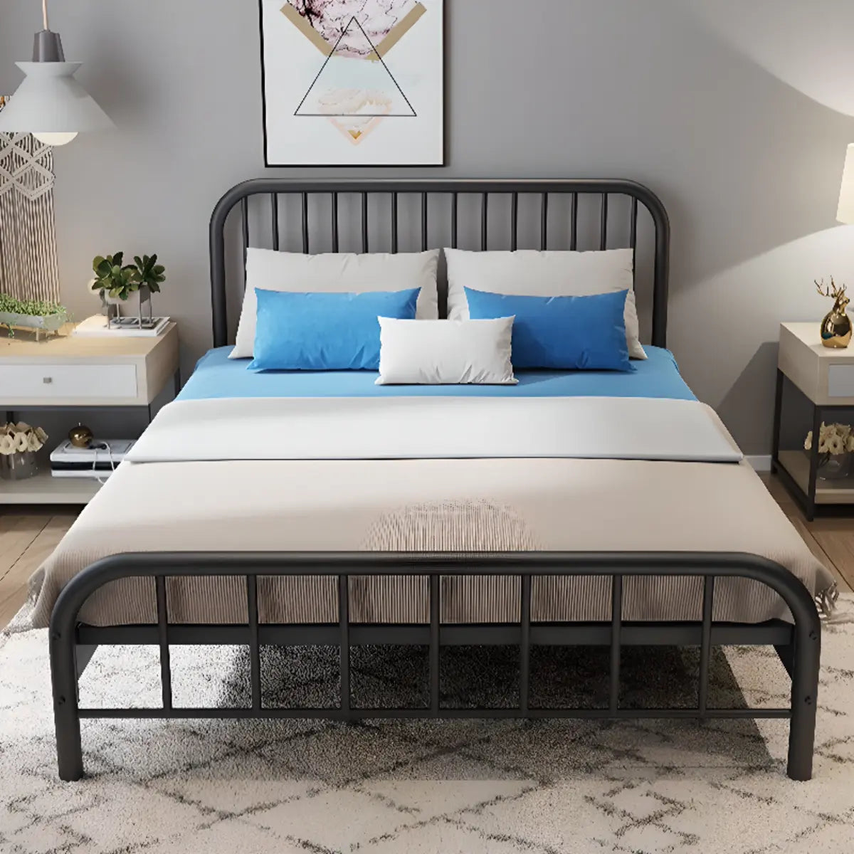 Rectangle Metal Black Queen Open-Frame Bed with Headboard Image - 5