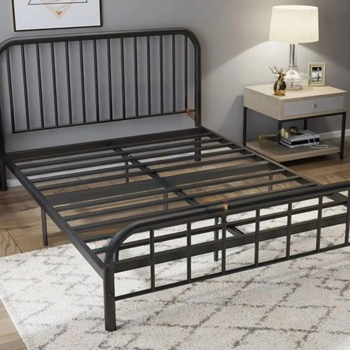 Rectangle Metal Black Queen Open-Frame Bed with Headboard Image - 8