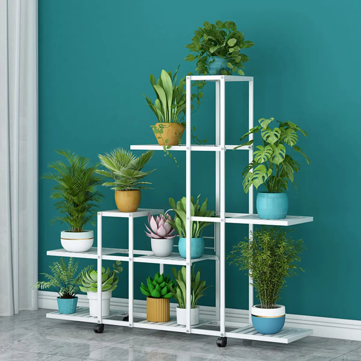 Rectangle Metal Rolling Indoor Crate Plant Stand White Image - 1