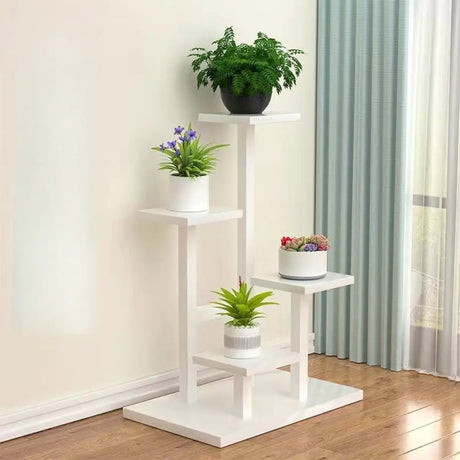 Rectangle Multi-Tier Wood Floor Tray Plant Stand White Image - 1