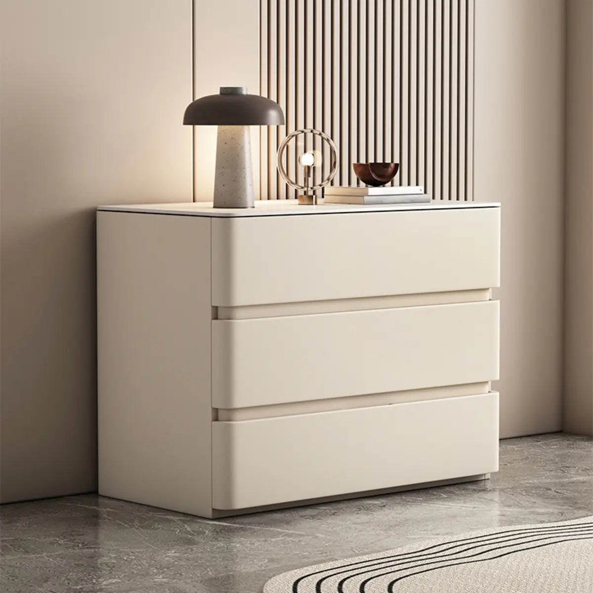 Rectangle Sintered Stone Cream 3-Drawer Bedside Cabinet Image - 2