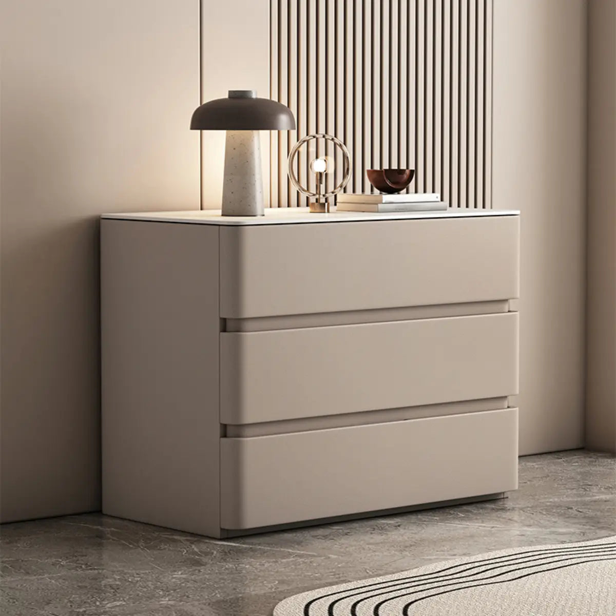 Rectangle Sintered Stone Cream 3-Drawer Bedside Cabinet Image - 5