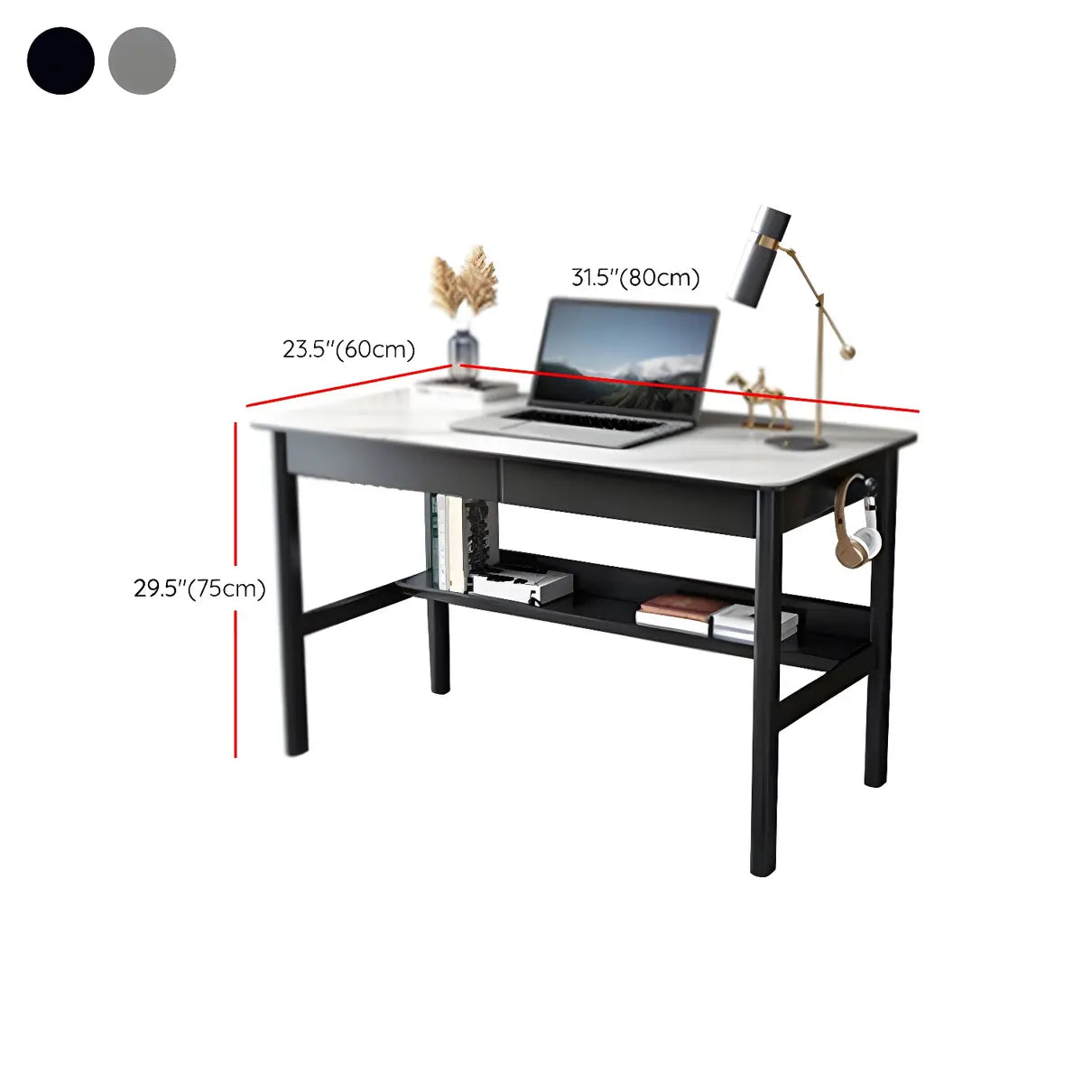 Rectangle Stone Drawers Rubberwood H-Shape Writing Desk 