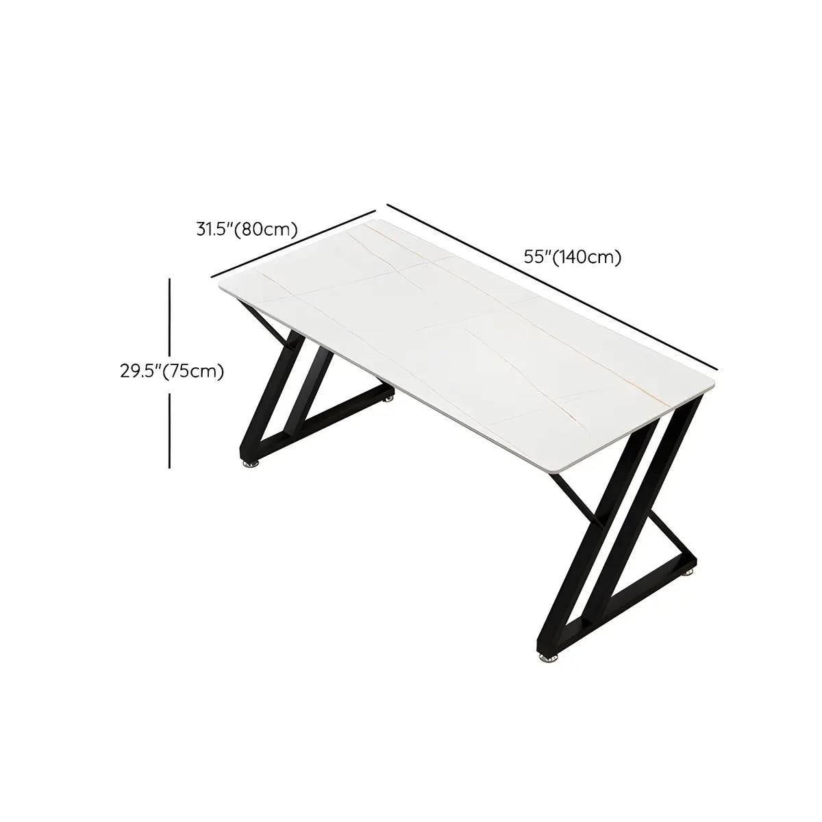 Rectangle White Stone Top Black Metal Sled Gaming Desk 