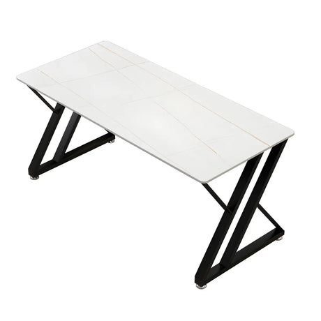 Rectangle White Stone Top Black Metal Sled Gaming Desk Image - 2