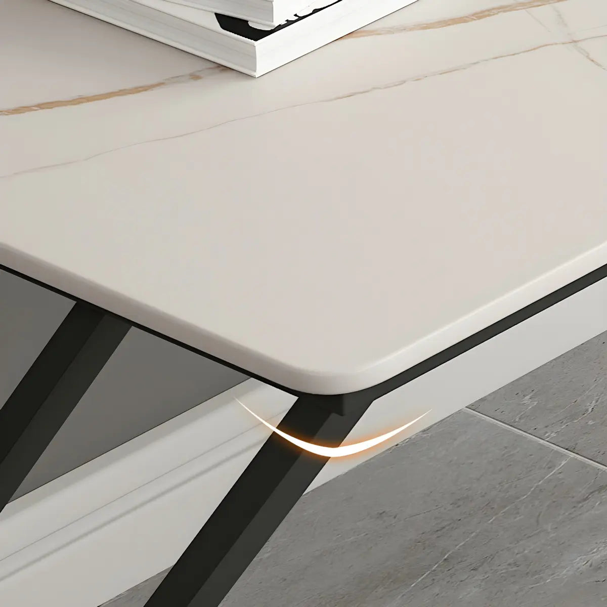 Rectangle White Stone Top Black Metal Sled Gaming Desk Image - 8