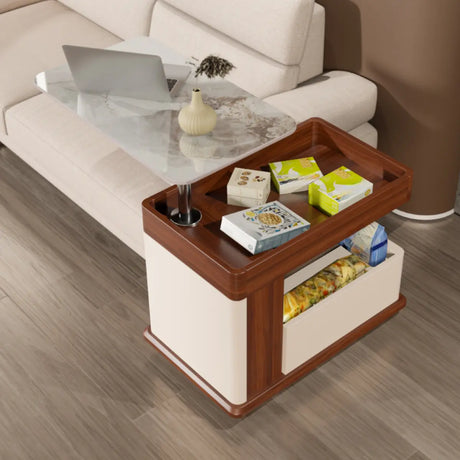 Rectangular Adjustable Height Wheels Brown Stone Side Table Image - 1