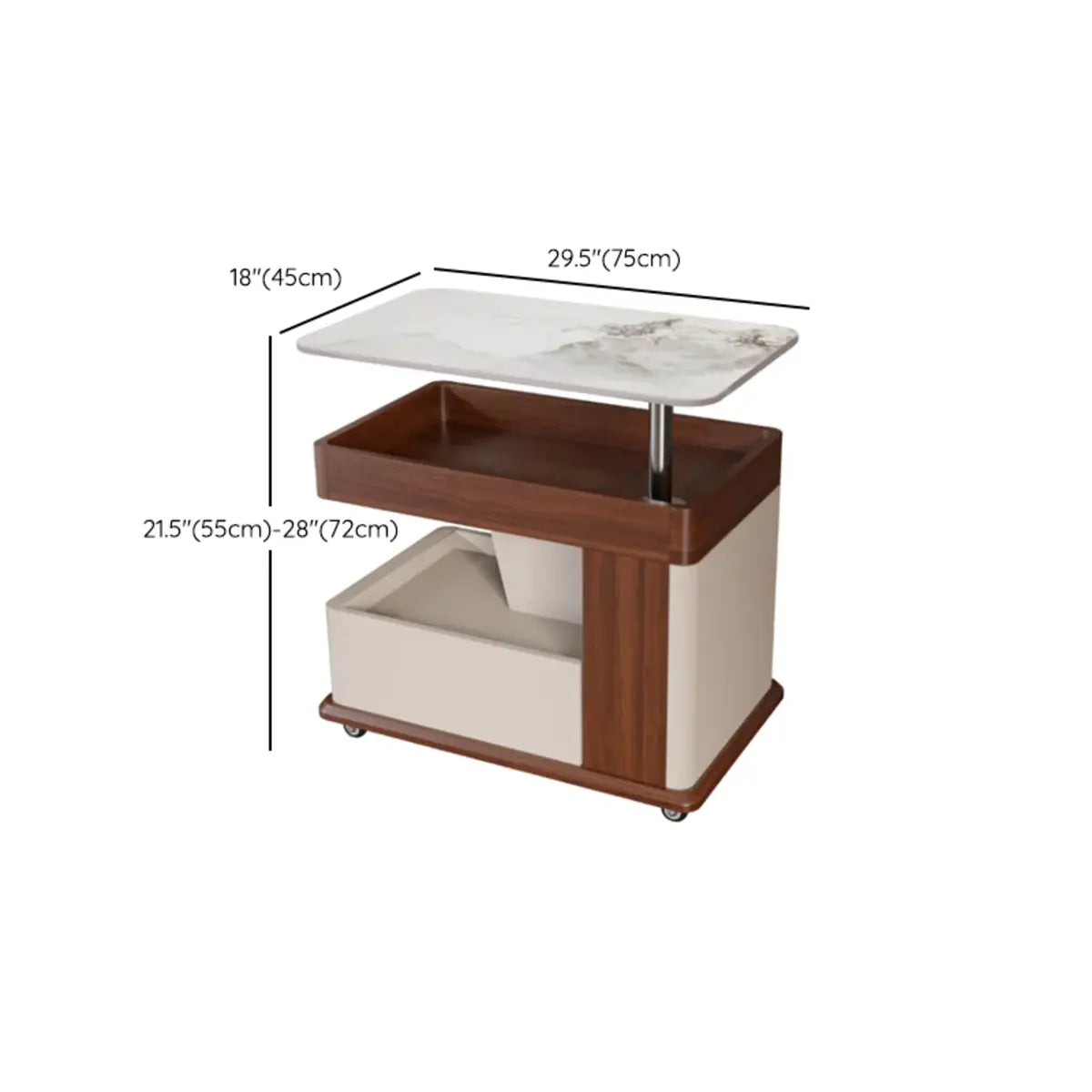 Rectangular Adjustable Height Wheels Brown Stone Side Table 