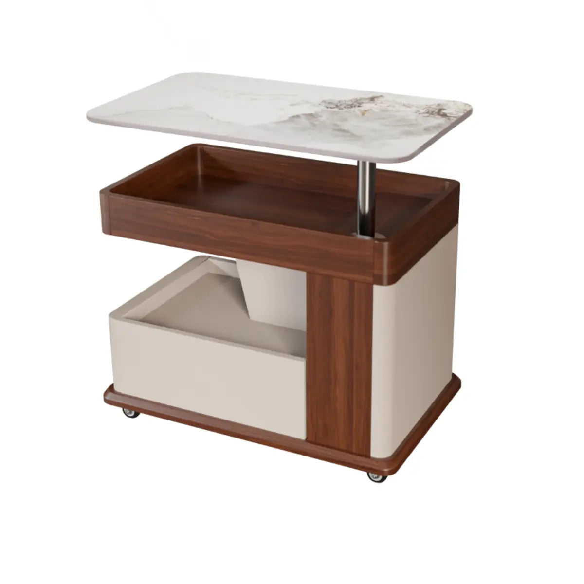 Rectangular Adjustable Height Wheels Brown Stone Side Table Image - 3