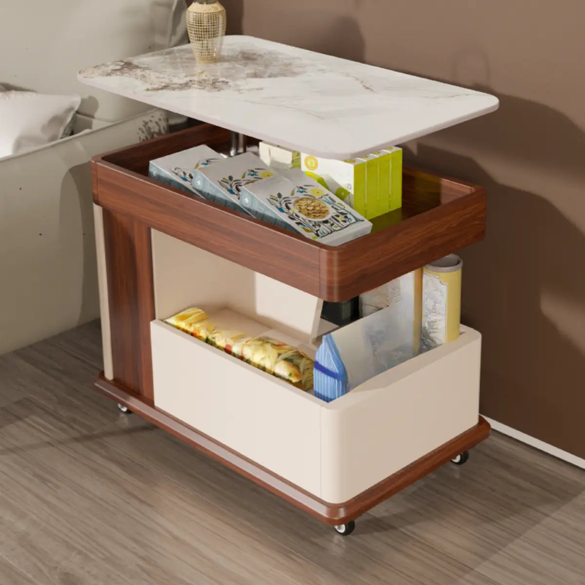 Rectangular Adjustable Height Wheels Brown Stone Side Table Image - 6