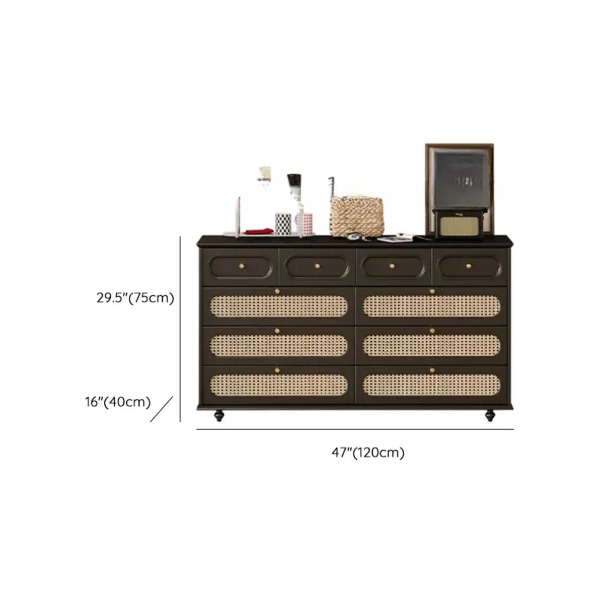 Rectangular Black Wood Double Dresser with Drawers 