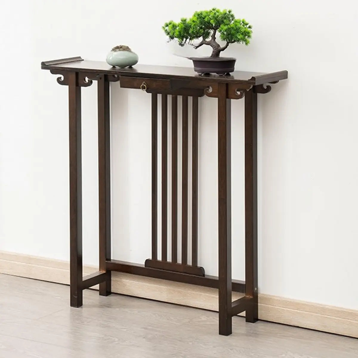 Rectangular Brown Bamboo Slim Entryway Console Table Image - 11