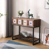 Rectangular Brown Floor Shelf Console Table with Drawers Image - 1