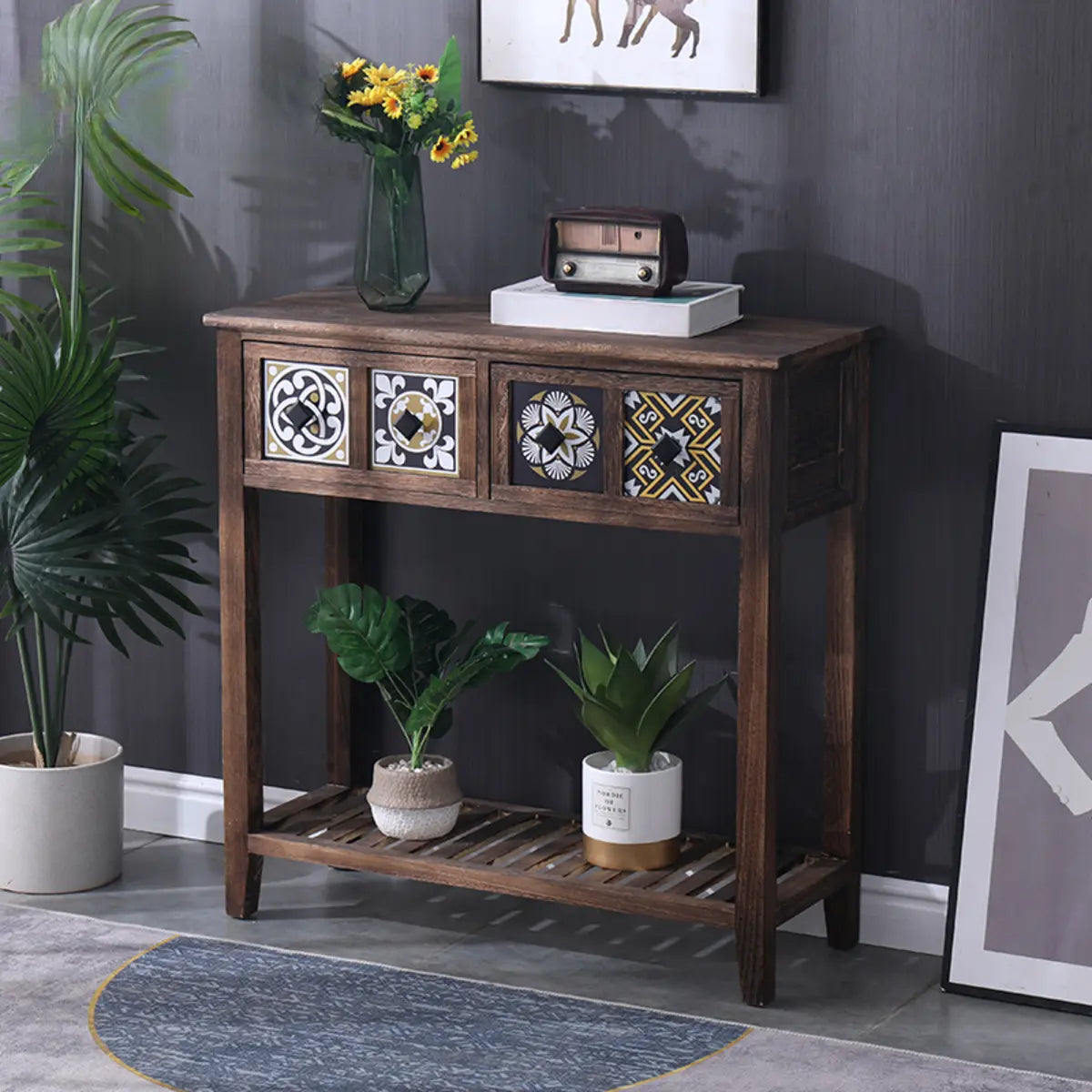 Rectangular Brown Floor Shelf Console Table with Drawers Image - 11