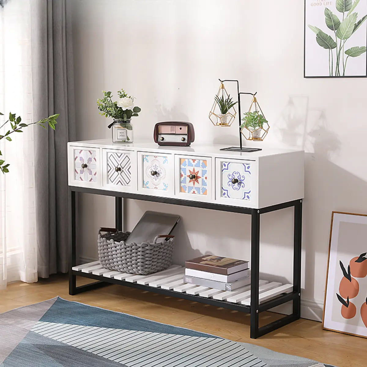 Rectangular Brown Floor Shelf Console Table with Drawers Image - 13