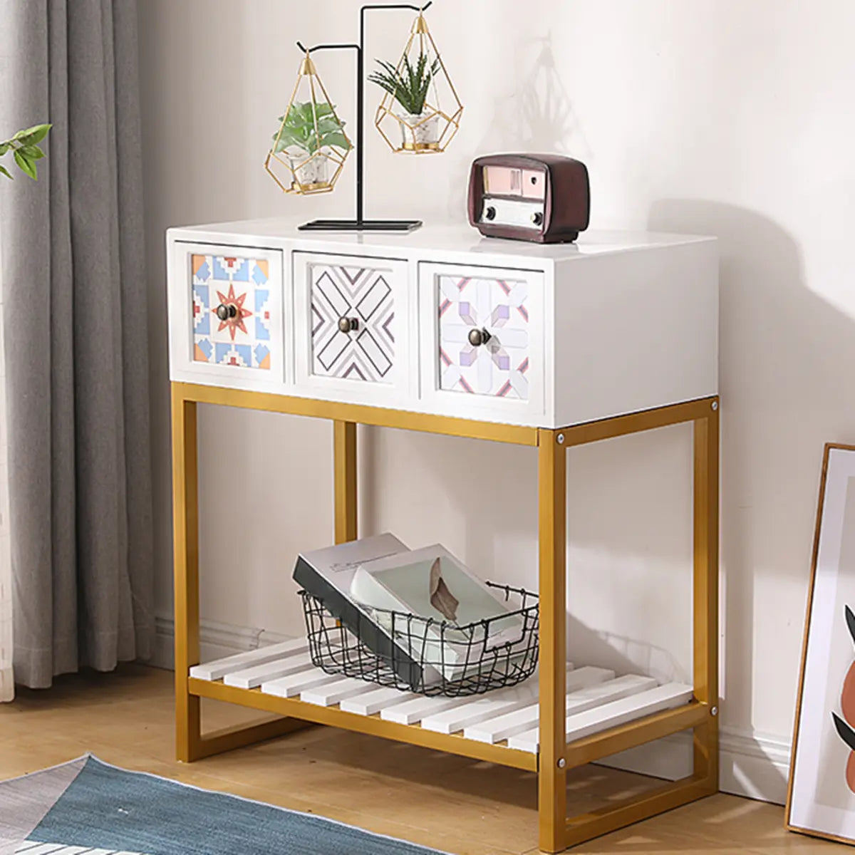 Rectangular Brown Floor Shelf Console Table with Drawers Image - 17