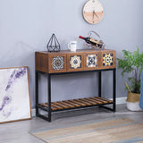 Rectangular Brown Floor Shelf Console Table with Drawers Image - 19