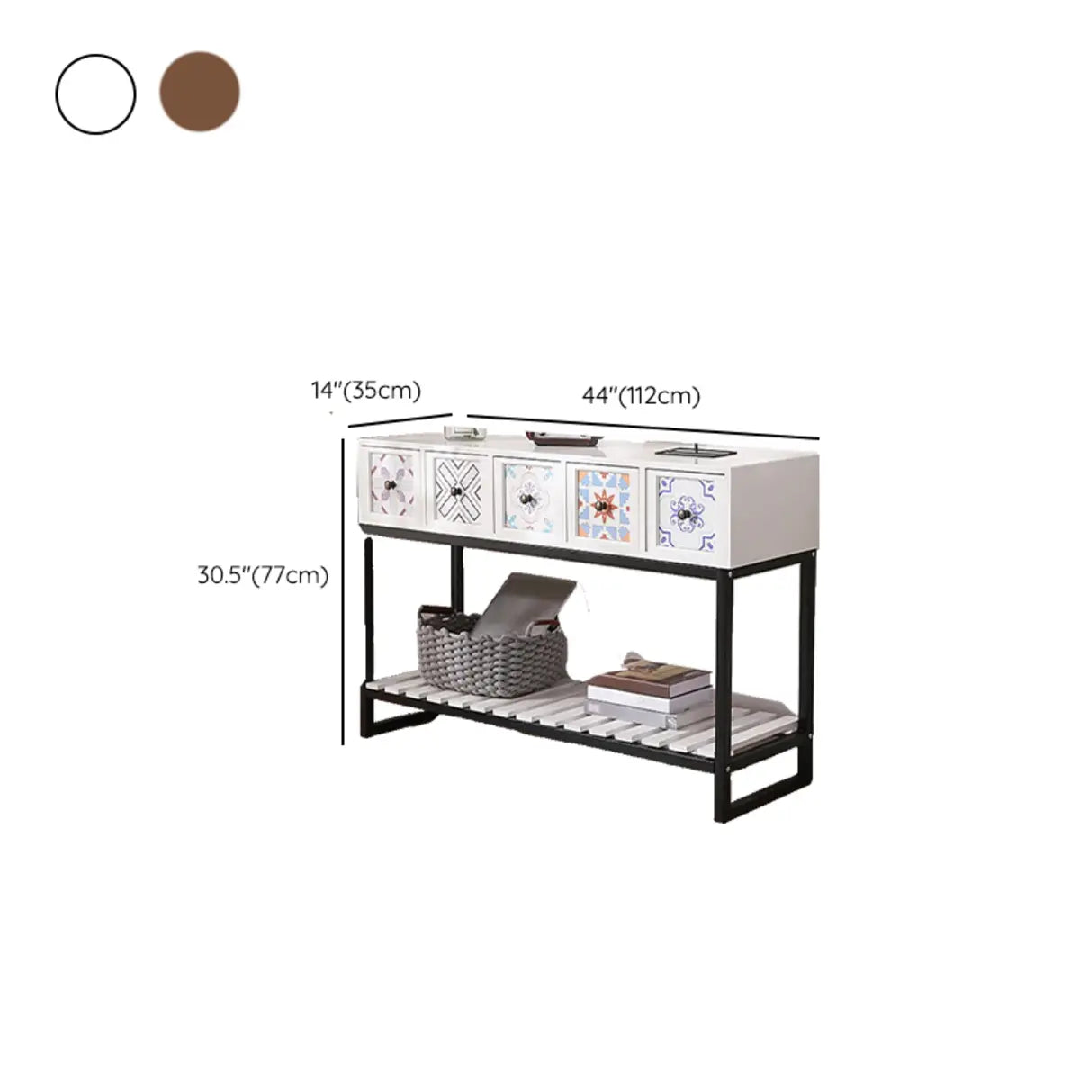 Rectangular Brown Floor Shelf Console Table with Drawers Image - 21